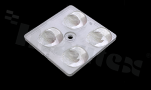 Lens for LED high power; angle: oval 100 x 110 degrees ; Number of LEDs: 4; Dimensions: 50x50mm; Height: 10mm; material: PMMA; Fastening: screw