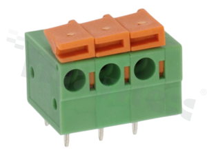 Listwa zaciskowa do PCB; w rastrze 5.08mm; 3-torowa; poziome wejście przewodu; na przewód 0.2-1.50mm2 (AWG 16-22); ze stykiem sprężynowym; zielona; UL 300V/10A
