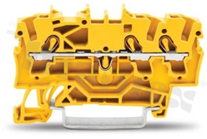 Installation terminal block; 1-level; through; 3-contacts for wire 0.25-4.0mm2 (22-12AWG); spring-loaded; yellow; for DIN rail; 800V/24A