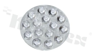 Lens for LED high power; angle: 25 degrees ; Number of LEDs: 15; Dimensions: round 95mm; Height: 11.1mm; material: PMMA; Fastening: frame