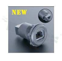 Gniazdo RJ45; żeńskie; otwór montażowy 22mm; podłączenie na wtyk RJ45 żeński; korpus czarny; stop aluminium.