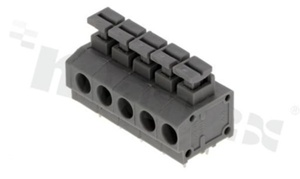 Listwa zaciskowa do PCB; w rastrze 5.00mm; 5-torowa; poziome wejście przewodu; na przewód 1.5mm2 (AWG 20-16); ze stykiem sprężynowym; szara; UL 300V/8A