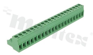Listwa zaciskowa rozłączalna; w rastrze 5.08mm; 20-torowa; żeńska; na przewód 2.50mm2(28-12AWG); kierunek wtykania równoległy do osi przewodu; styki z fosforobrązu; stalowa klatka przewodu; UL 300V/16A