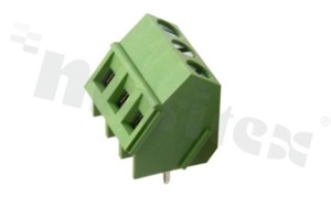 Listwa zaciskowa do PCB; w rastrze 5.00mm; 3-torowa; skośna; na przewód 2.5mm2; z ruchomą osłoną przewodu; ze śrubami na wkrętak płaski; klatka mosiężna; zielona; UL 250V/16A