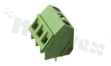 Listwa zaciskowa do PCB; w rastrze 5.00mm; 3-torowa; skośna; na przewód 2.5mm2; z ruchomą osłoną przewodu; ze śrubami na wkrętak płaski; klatka mosiężna; zielona; UL 250V/16A