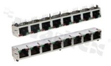 Stacked modular jacks; 1 row 1x4 jacks RJ45; shielded; 8-contacts, THT; side entry; size 8; 6u" Au