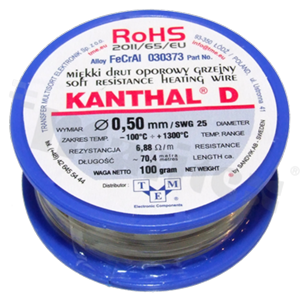 Drut oporowy grzejny Kanthal; renomowanego szwedzkiego producenta; średnica 0.50mm; SWG 27; -100+1300 st.C; 70.4m; 100g.