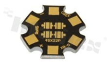 MCPCB, thermal conductivity 2W/(m*K), thickness: 2mm, number of layers - 1, copper layer thickness 35um, black soldermask, legend color: gold, size: 22mm star, pad cover: gold; for XB-D LEDs, /24