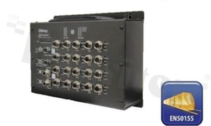 EN50155 20-port managed Gigabit PoE Ethernet switch with 16x10/100/1000Base-T(X) P.S.E. ports and 4x10/100/1000Base-T(X); 2x Bypass; X-coded M12 connector; operating temperature -40+75 deg.C; supply 72/110 VDC