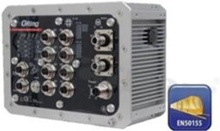 EN50155 10-port managed Gigabit PoE Ethernet switch with 4x10/100/1000Base-T(X) P.S.E. and 4x10/100/1000Base-T(X) with X-coded M12 connector and 2x1000Base-SX; multi-mode; 550m/850nm; Q-ODC connector; IP-67 grade