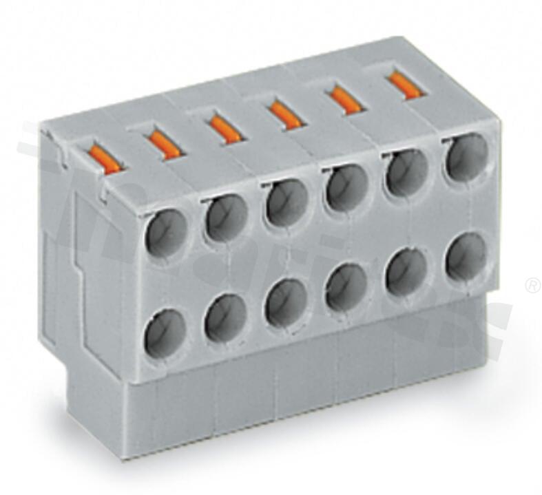 Listwa zaciskowa do PCB; Gniazdo; raster 3.50mm; 3-torowa; 6-zaciskowa; na przewód 0.14-0.50mm2 (26-20 AWG); ze stykiem sprężynowym; szara; 300V/2A