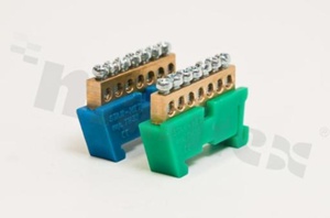 Listwa zaciskowa na szynę Din; zerowa; ochronna;7 zaciskowa; na przewód 10mm2; zacisk śrubowy;zielona