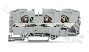 Złączka instalacyjna; 1-poziomowa; przelotowa; 3-zaciskowa na przewód 0.5-16.0mm2 (20-6AWG); ze stykiem sprężynowym; szara; na szynę DIN; 600V/65A