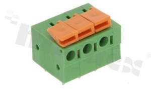 Listwa zaciskowa do PCB; w rastrze 5.08mm; 3-torowa; poziome wejście przewodu; na przewód 0.2-1.50mm2 (AWG 16-22); ze stykiem sprężynowym; zielona; UL 300V/10A, 320V/15A