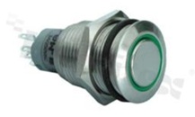 Przełącznik wandaloodporny; monostabilny; 16mm; terminale do lutowania; niklowany; podświetlenie krawędziowe zielone; LED 6V; IP67