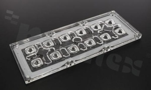 Lens for LED high power; mid power; angle: 132 to 157 degrees FWHM; Number of LEDs: 12; Dimensions: 173x71mm; Height: 8mm; meterial: PMMA; silicone; Fastening: screw