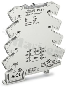Złączka na szyne din; przetwornik separacyjny ze wzmocnieniem;konfiguracja przy pomocy dip-switch; sygnał wejściowy napięciowy;sygnał wyjściowy prądowy; szerokość 6 mm; przewód 0,08-2,50 mm2; napięcie zasilania 24 V DC;