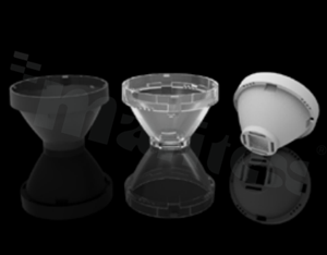 Soczewka LL01CR-HQ120L06-M2, kąt rozsyły 14x28 stopni, średnica 16.1 mm, wysokość 9.5 mm z białym holderem