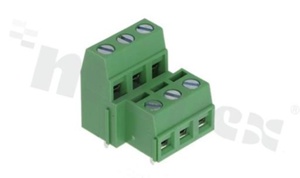Listwa zaciskowa do PCB; w rastrze 5.08mm; 6-torowa (3+3); pionowa; na przewód 0.5-1.50mm2 (AWG 26-14); z ruchoma osłoną przewodu; ze śrubami na wkrętak płaski; klatka mosiężna; zielona; UL 300V/12A, TUV 250V/15A
