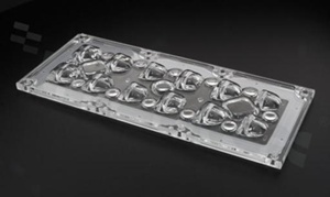 Lens for LED high power; mid power; angle: asymmetric; Number of LEDs: 12; Dimensions: 173x71mm; Height: 9mm; meterial: PMMA; silicone; Fastening: pin; screw