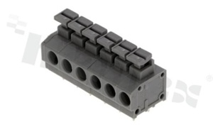 Listwa zaciskowa do PCB; w rastrze 5.00mm; 6-torowa; poziome wejście przewodu; na przewód 1.5mm2 (AWG 20-16); ze stykiem sprężynowym; szara; UL 300V/8A
