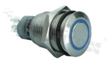 Przełącznik wandaloodporny; monostabilny; 16mm; terminale do lutowania; niklowany; podświetlenie krawędziowe niebieskie; LED 6V; IP67