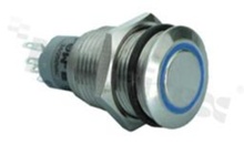 Przełącznik wandaloodporny; monostabilny; 16mm; terminale do lutowania; niklowany; podświetlenie krawędziowe niebieskie; LED 6V; IP67