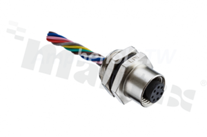 Gniazdo M12; kodowanie A; 5-stykowe; żeńskie; 4A; na panel; z nakrętką z tyłu; z kablem 30cm; IP68