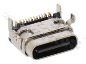 USB-Type C,  16 circuits socket SMT, stainless steel nickel plated shell, DIP top mount; right angle, gold plated contacts; 5A