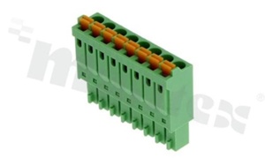Listwa zaciskowa rozłączalna; w rastrze 3.50mm; 8-torowa żeńska; na przewód 0.2-1.00mm2 (28-16AWG); kierunek wtykania równoległy do osi przewodów; z zaciskiem sprężynowym; styki z fosforobrązu; UL 300V/8A