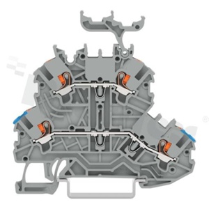 Złączka instalacyjna; 2-poziomowa; przelotowa; przyciski; 4-zaciskowa na przewód 0.14-1.5mm2 (24-16AWG); ze stykiem sprężynowym; szara; na szynę DIN; 300V/10A