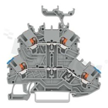 Installation terminal block; 2-level; through; with buttons; 4-contacts for wire 0.14-1.5mm2 (24-16AWG); spring-loaded; grey; for DIN rail; 300V/10A