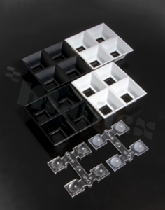 Lens for LED high power; mid power; angle: 50 to 66 degrees FWHM; Number of LEDs: 4; Dimensions: 80x80mm; Height: 21mm; meterial: PMMA; Fastening: pin; screw; clips