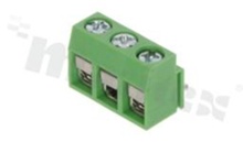 Listwa zaciskowa do PCB; w rastrze 5.00mm; 3-torowa; kątowa; na przewód 1.5mm2 (AWG 26-14); ze śrubami na wkrętak krzyżakowy; klatka mosiężna; zielona; UL 300V/10A, TUV 250V/18A