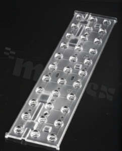 Lens for LED mid power; angle: 48 to 65 degrees FWHM; Number of LEDs: 33; Dimensions: 285x64mm; Height: 8.1mm; meterial: PMMA; Fastening: screw