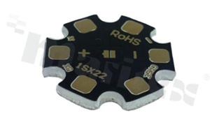 Podłoże MCPCB, przewodność cieplna 2W/(m*K), grubość: 2mm, Ilość warstw - 1, czarna soldermaska, kolor legendy: złota, rozmiar: gwiazdka 22mm, pokrycie padów: złoto; do diod XQ, /24