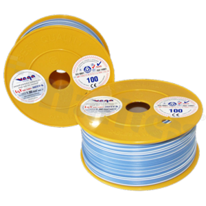 Single wire LGY/H05V-K; with copper multi-strand; blue/white; cross section 1.00mm2; AWG 17; 500V; -40+105 deg.C; 100m.