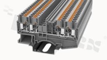 Installation terminal block; 1-level; through; 4-contacts for wire 0.2-4.0mm2 (26-12AWG); spring-loaded; red; for DIN rail; 800V/24A