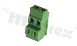 Listwa zaciskowa do PCB; w rastrze 3.81mm; 2-torowa; pionowa; na przewód 1.0mm2 (AWG 28-16); z ruchomą osłoną przewodu; ze śrubą na wkrętak płaski; klatka mosiężna; zielona; UL 300V/15A, TUV 250V/15A