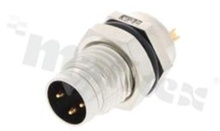 Gniazdo M8; z kluczem pozycjonującym; 3-stykowe; męskie; 3A; proste; na panel; z nakrętką z przodu; lutowane; IP67