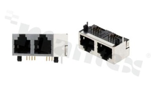 Gniazdo RJ45; 2 x 8-stykowe; montaż: THT; kątowe; ekranowane; gabaryt 8; grubość pokrycia 6u" Au