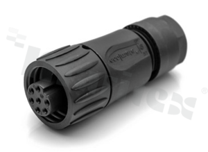Wtyk ECOMATE seria C016, 7-stykowy (6+PE), żeński, prosty, 12A, 250V, kabel: max.0.75mm2( AWG18), styki srebrzone, lutowany, kolor: czarny, IP67