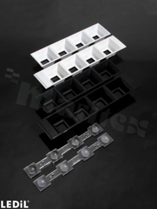 Cover for DAISY lens and Mid Power LEDs; qty of LED: 4; dimensions: 182x40mm; height: 20.2mm; material: PC; fastenings: pin, screws; clips; color: black gloss