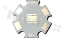 MCPCB, thermal conductivity 2W/(m*K), thickness: 1.6mm, number of layers - 1, copper layer thickness 35um, white soldermask, legend color: gold, size: 22mm star, pad cover: gold; for Cree XHP LEDs, /50