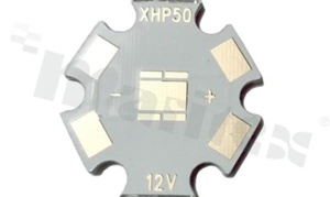 MCPCB, thermal conductivity 2W/(m*K), thickness: 1.6mm, number of layers - 1, copper layer thickness 35um, white soldermask, legend color: gold, size: 22mm star, pad cover: gold; for Cree XHP LEDs, /50