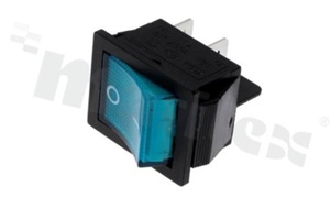 Rocker Switch; 2-pole; 2 positions; 28x22mm; pin terminals; blue illuminated button; 16A/250V