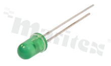 Dioda 5mm; płaske czoło; zielona (pure-green); 520-530nm; typ. 750mcd/20mA; soczewka dyfuzyjna zielona; 180 stopni