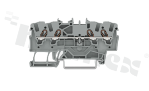 Złączka instalacyjna; 1-poziomowa; przelotowa; 4-zaciskowa na przewód 0.25-2.5mm2 (22-14AWG); ze stykiem sprężynowym; szara; na szynę DIN; 600V/15A