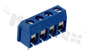 Listwa zaciskowa do PCB; w rastrze 5.00mm; 4-torowa; pionowa; na przewód 1.50mm2 (AWG 22-14); ze śrubami na wkrętak płaski; niebieska; UL 300V/10A, TUV 250V/15A