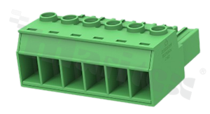 Pluggable terminal block; 7.62mm pitch; 6-ways; female; for wire 6.00mm2(24-10AWG); wire insertion direction same as plug-in direction; p.bronze contacts; brass cage; 1000v/41A